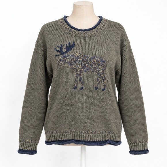 Christopher & Banks Sweaters - Vintage 90s Cottagecore Moose Sweater Size M Green Roll Neck Cabin Canada Retro
